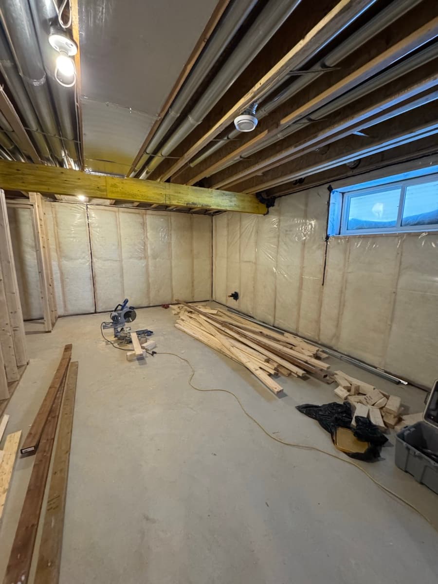 Bare basement before development showing framing and insulation