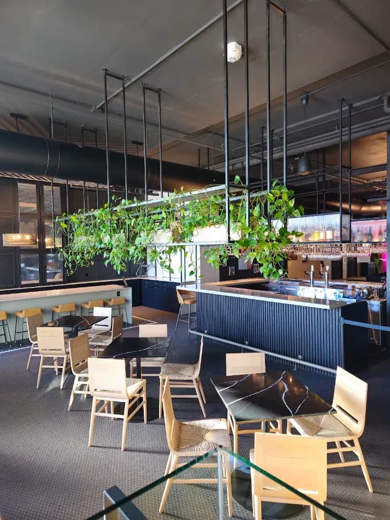 Finished restaurant bar area at Alt Hotel Saskatoon with hanging planter trough and wishbone dining chairs