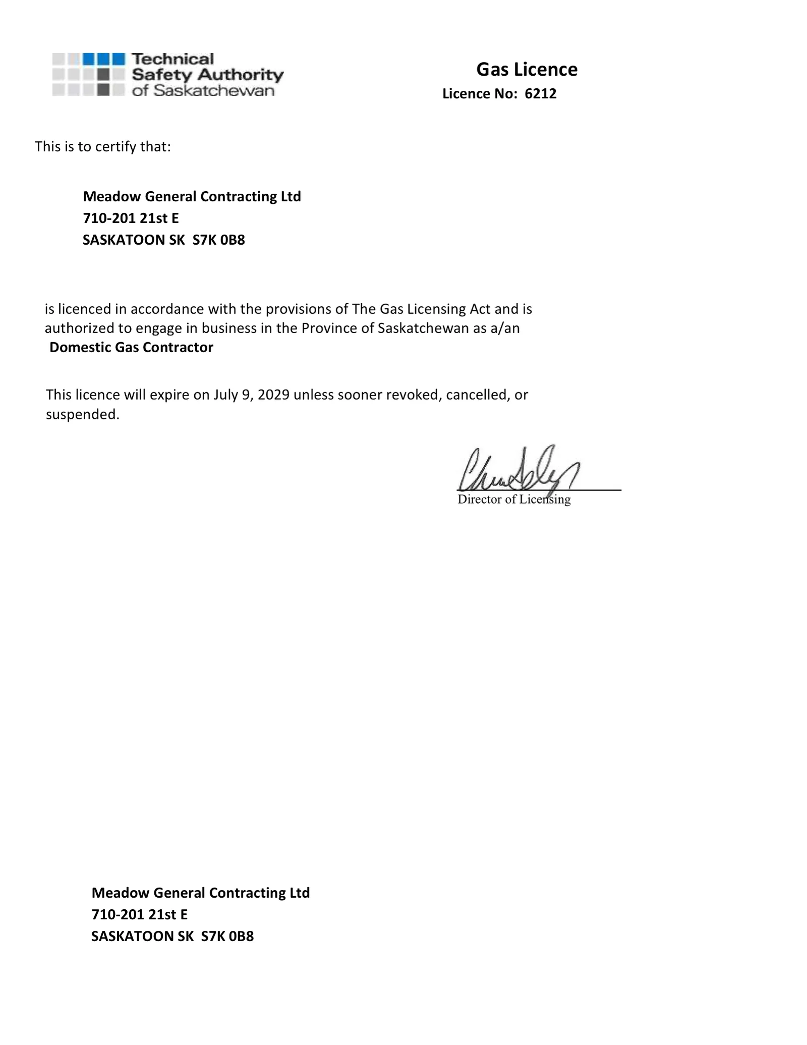 Meadow General Contracting Ltd Domestic Gas Contractor Licence No. 6212, Province of Saskatchewan